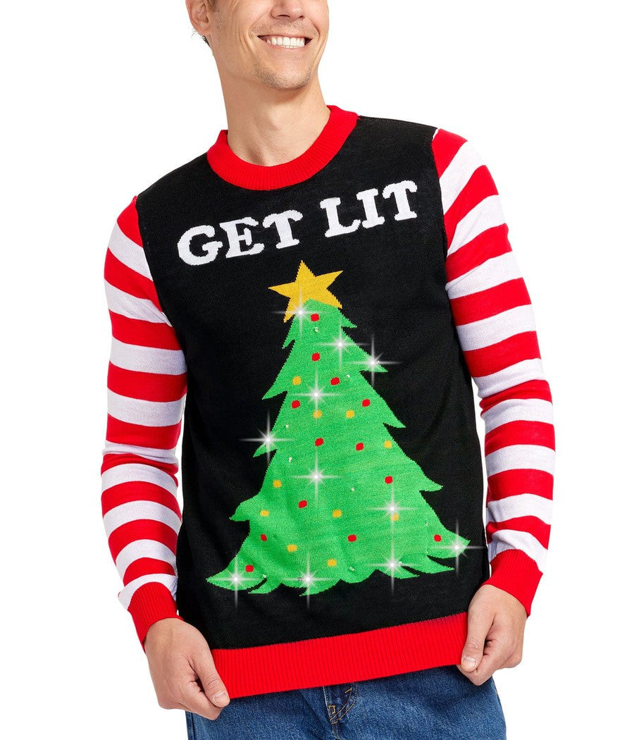 Men's Light Up Christmas Sweater with Battery Powered Tree Design and Candy Cane Stripes