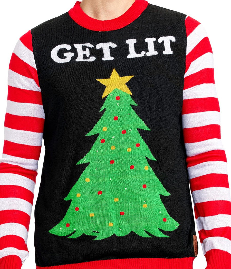 Men's Light Up Christmas Sweater with Battery Powered Tree Design and Candy Cane Stripes