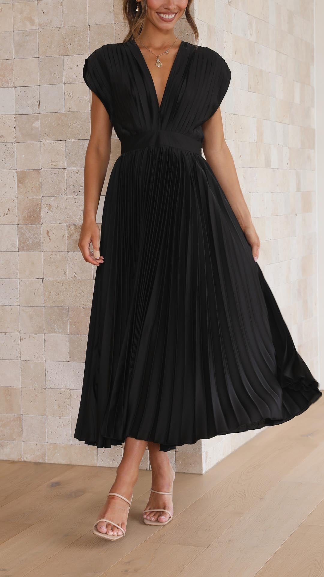 Pleated Maxi Dress with Draped V-Neck and High Waist, Lightweight Breathable Fabric