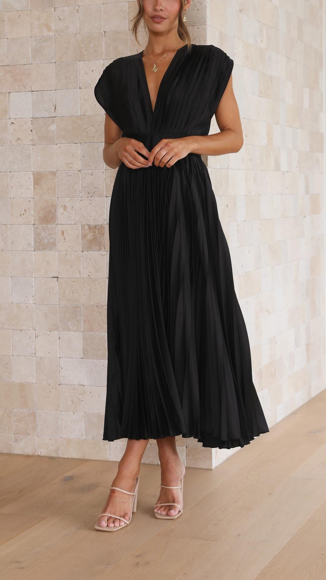 Pleated Maxi Dress with Draped V-Neckline and High-Waisted Design