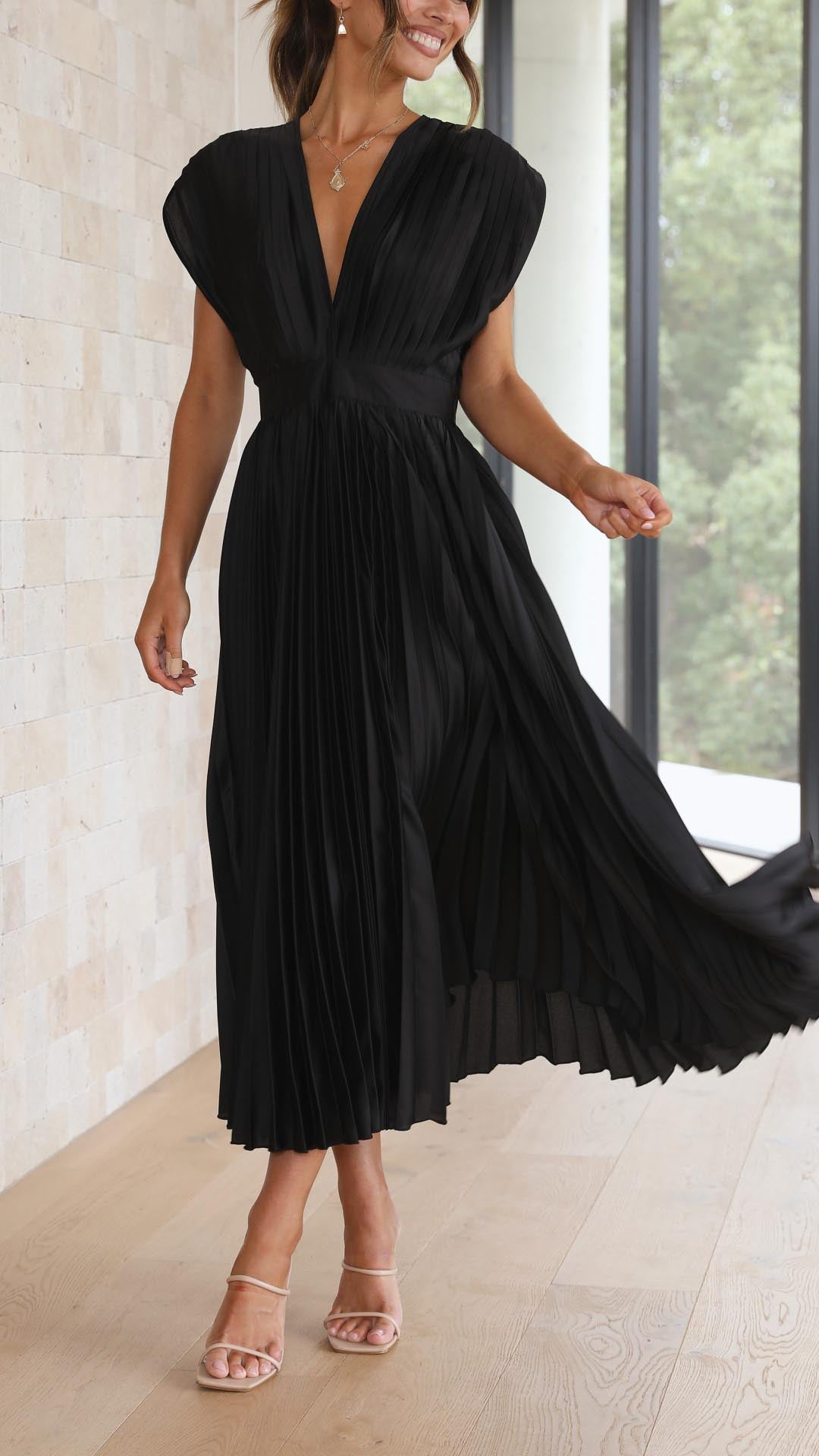 Pleated Maxi Dress with Draped V-Neck and High Waist, Lightweight Breathable Fabric