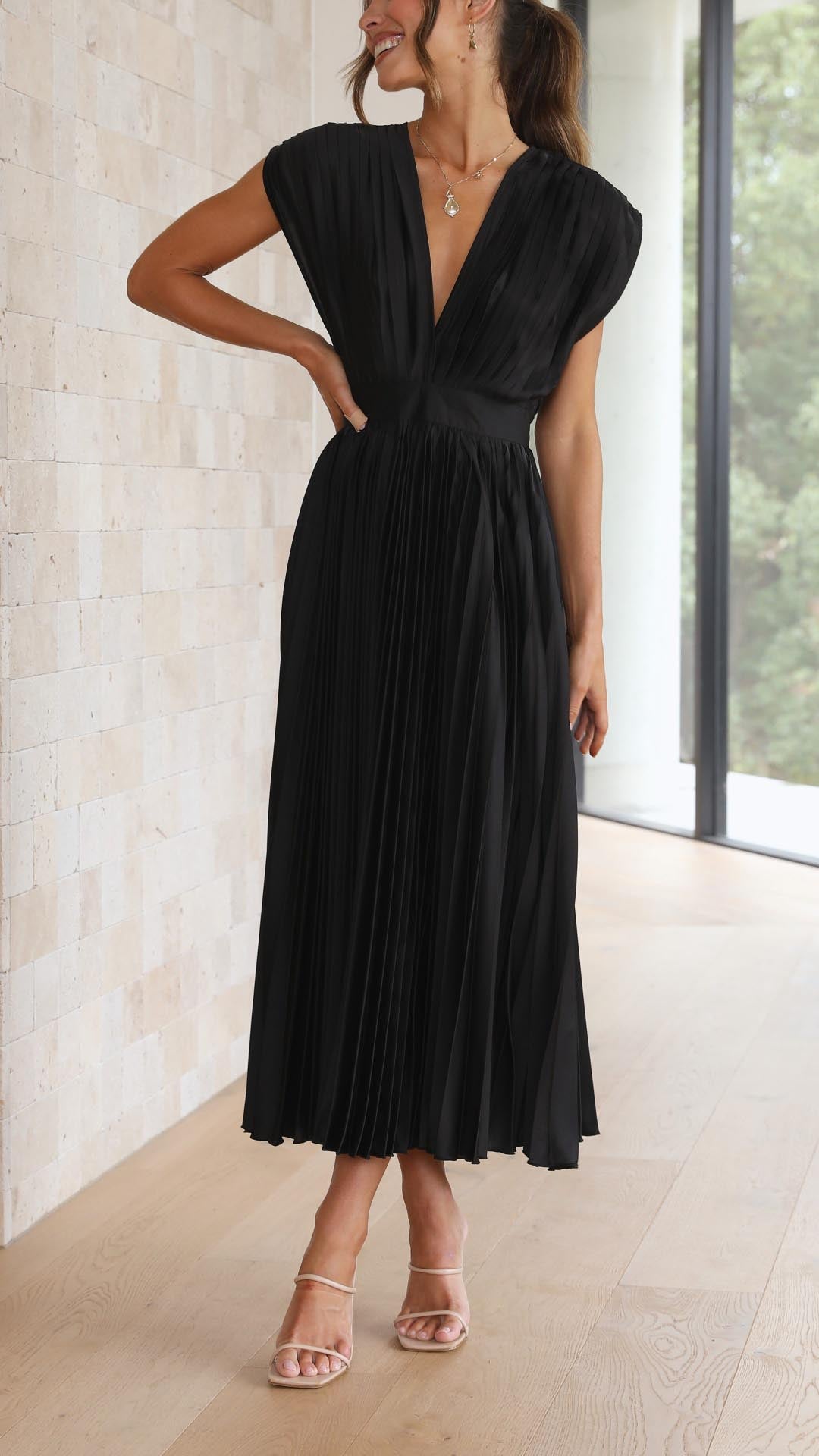 Pleated Maxi Dress with Draped V-Neckline and High-Waisted Design