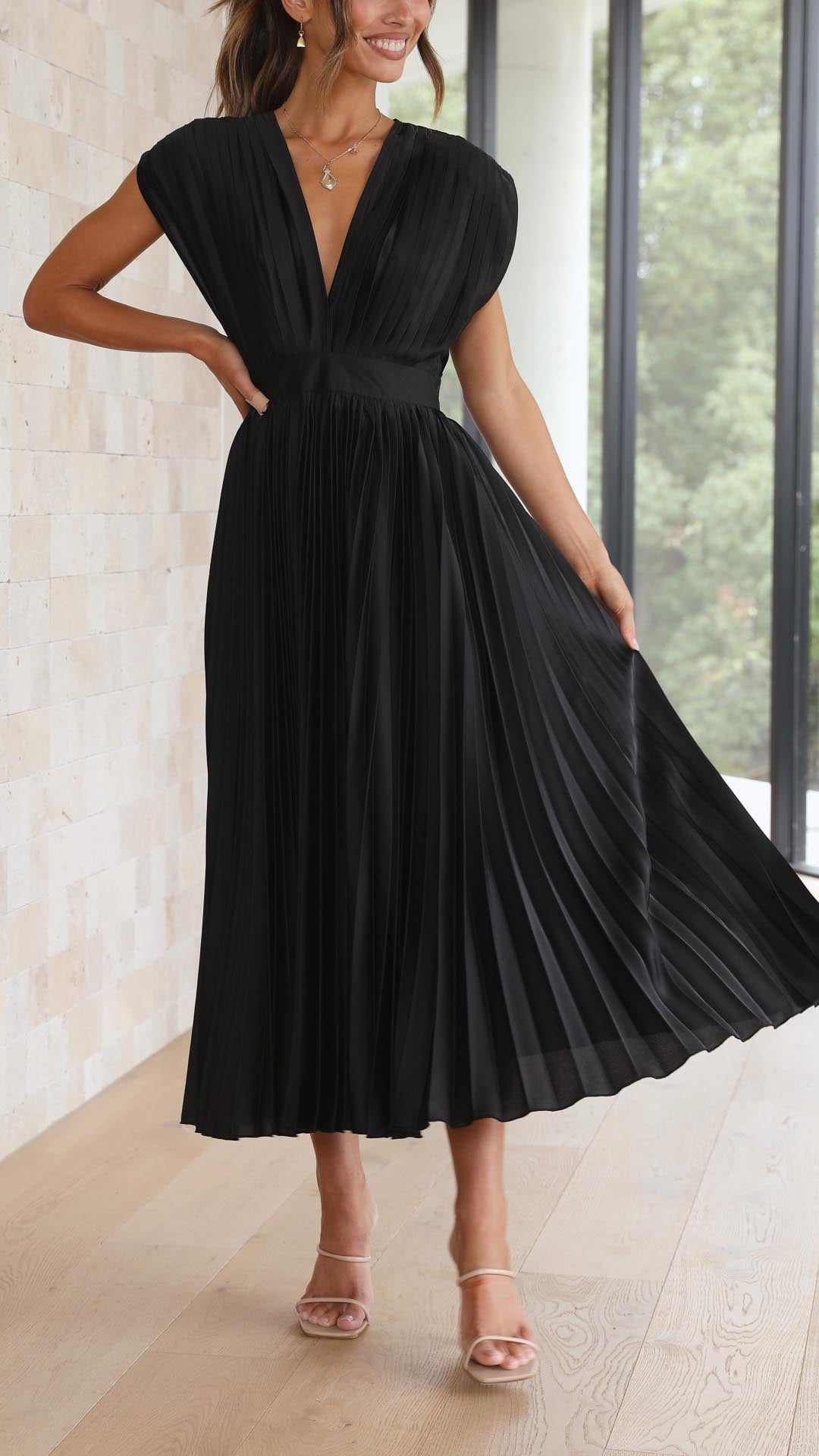 Pleated Maxi Dress with Draped V-Neckline and High-Waisted Design
