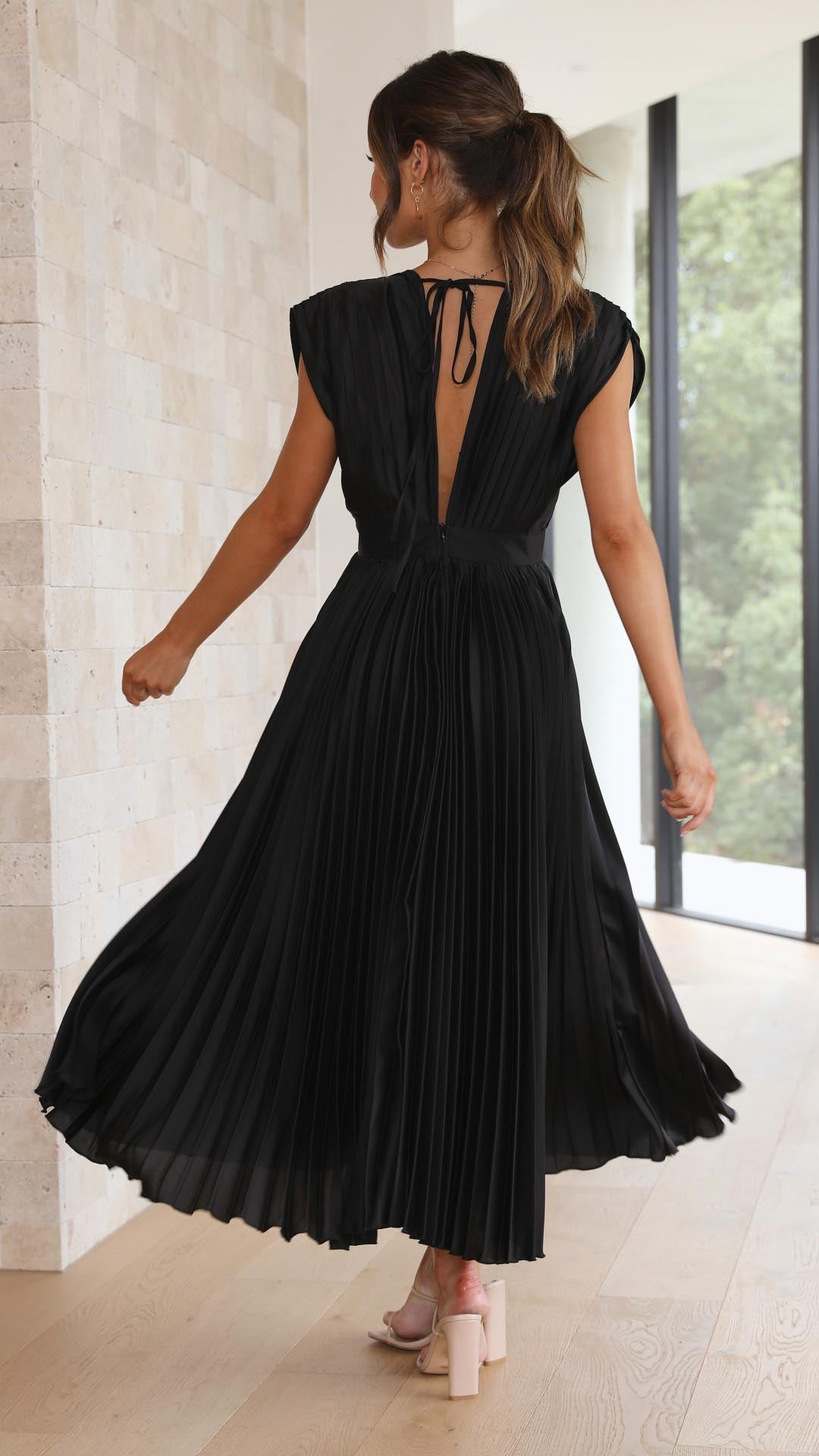 Pleated Maxi Dress with Draped V-Neckline and High-Waisted Design