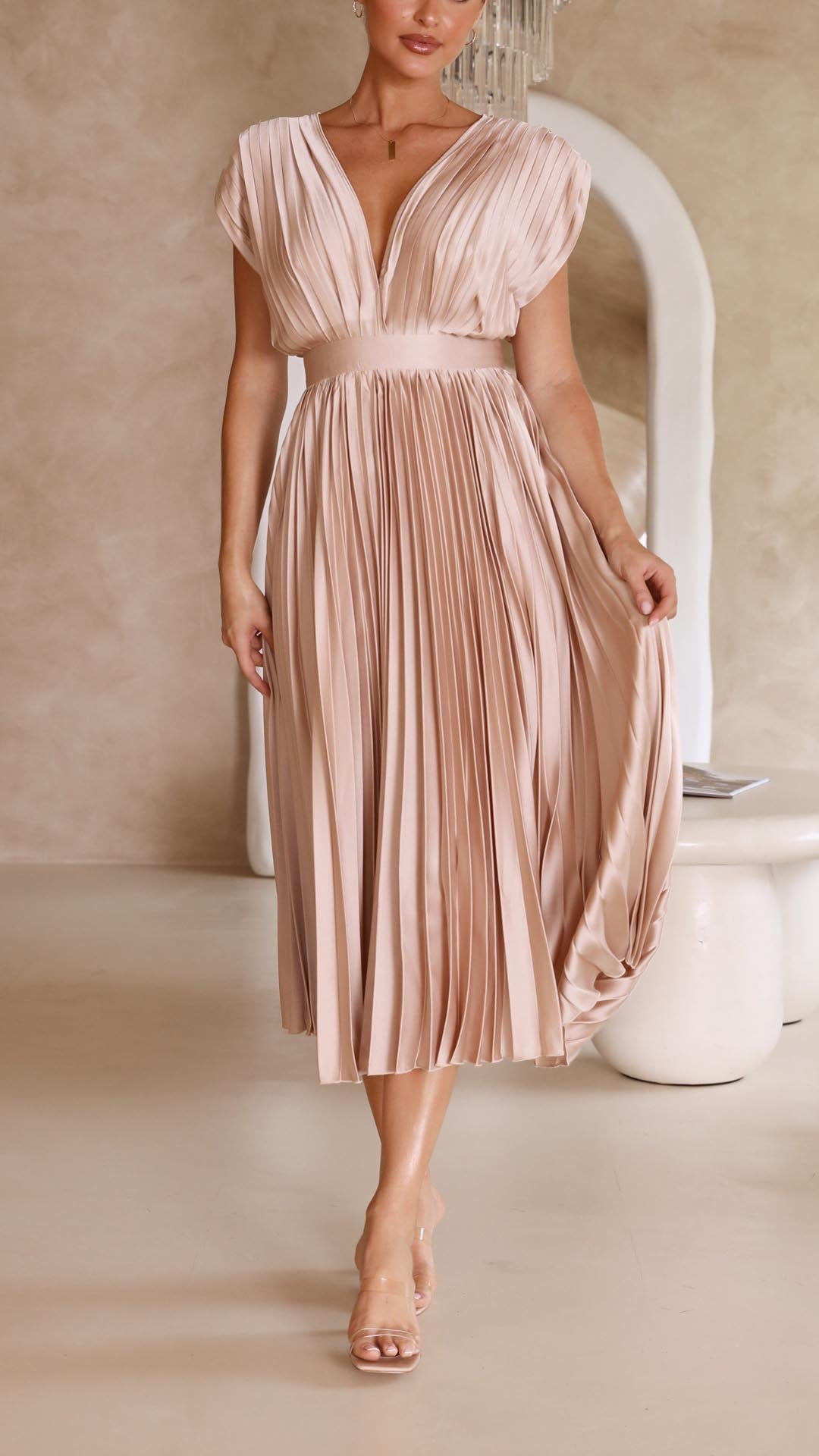 Pleated Maxi Dress with Draped V-Neckline and High-Waisted Design