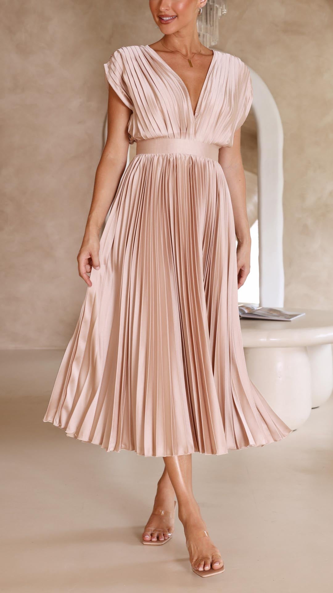 Pleated Maxi Dress with Draped V-Neckline and High-Waisted Design