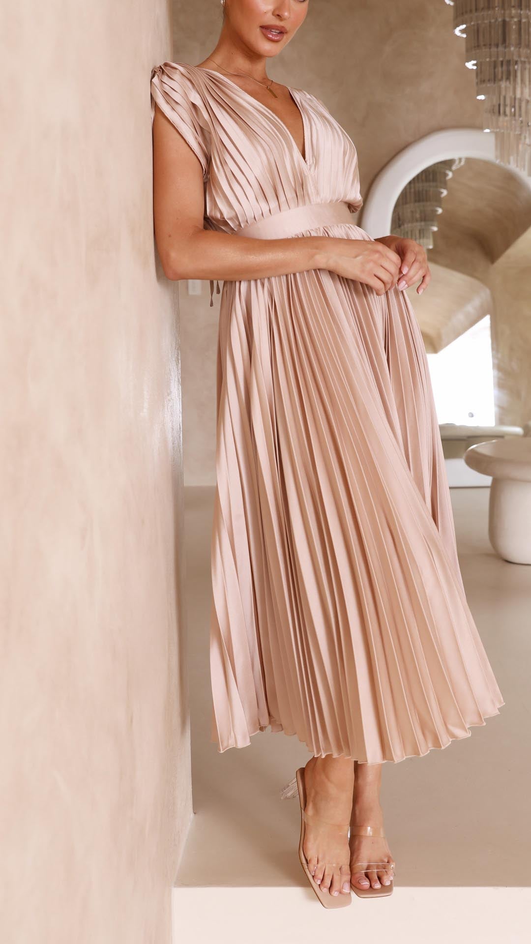 Pleated Maxi Dress with Draped V-Neck and High Waist, Lightweight Breathable Fabric