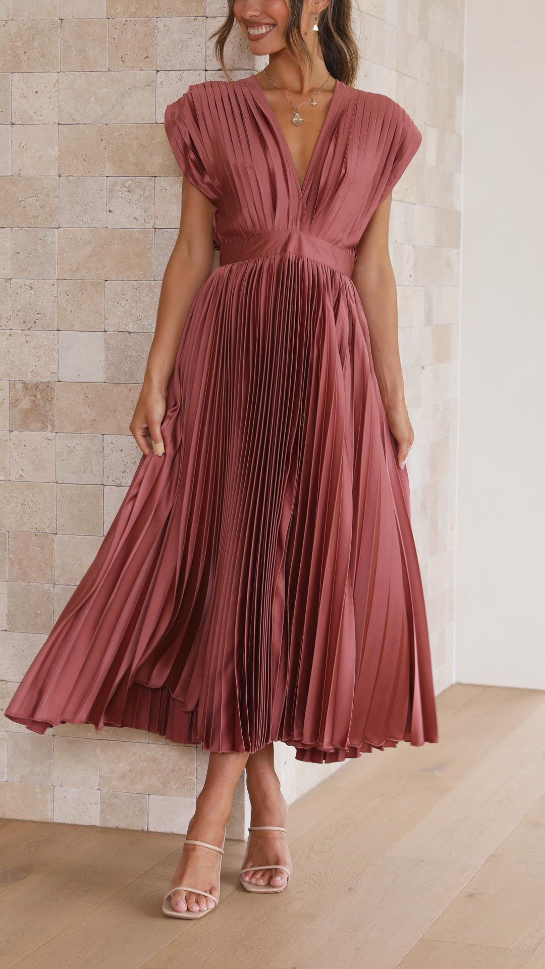 Pleated Maxi Dress with Draped V-Neck and High Waist, Lightweight Breathable Fabric