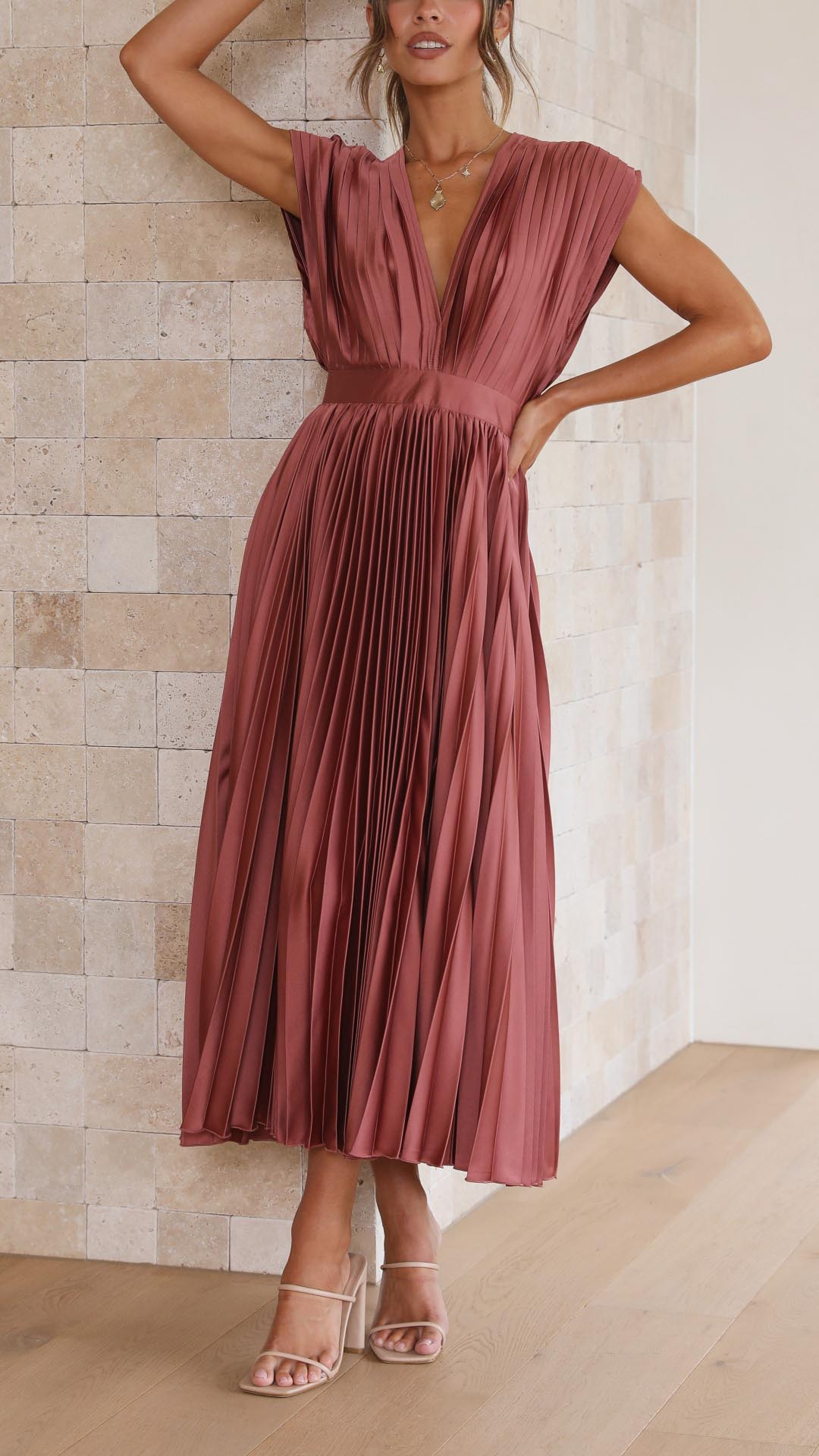 Pleated Maxi Dress with Draped V-Neckline and High-Waisted Design