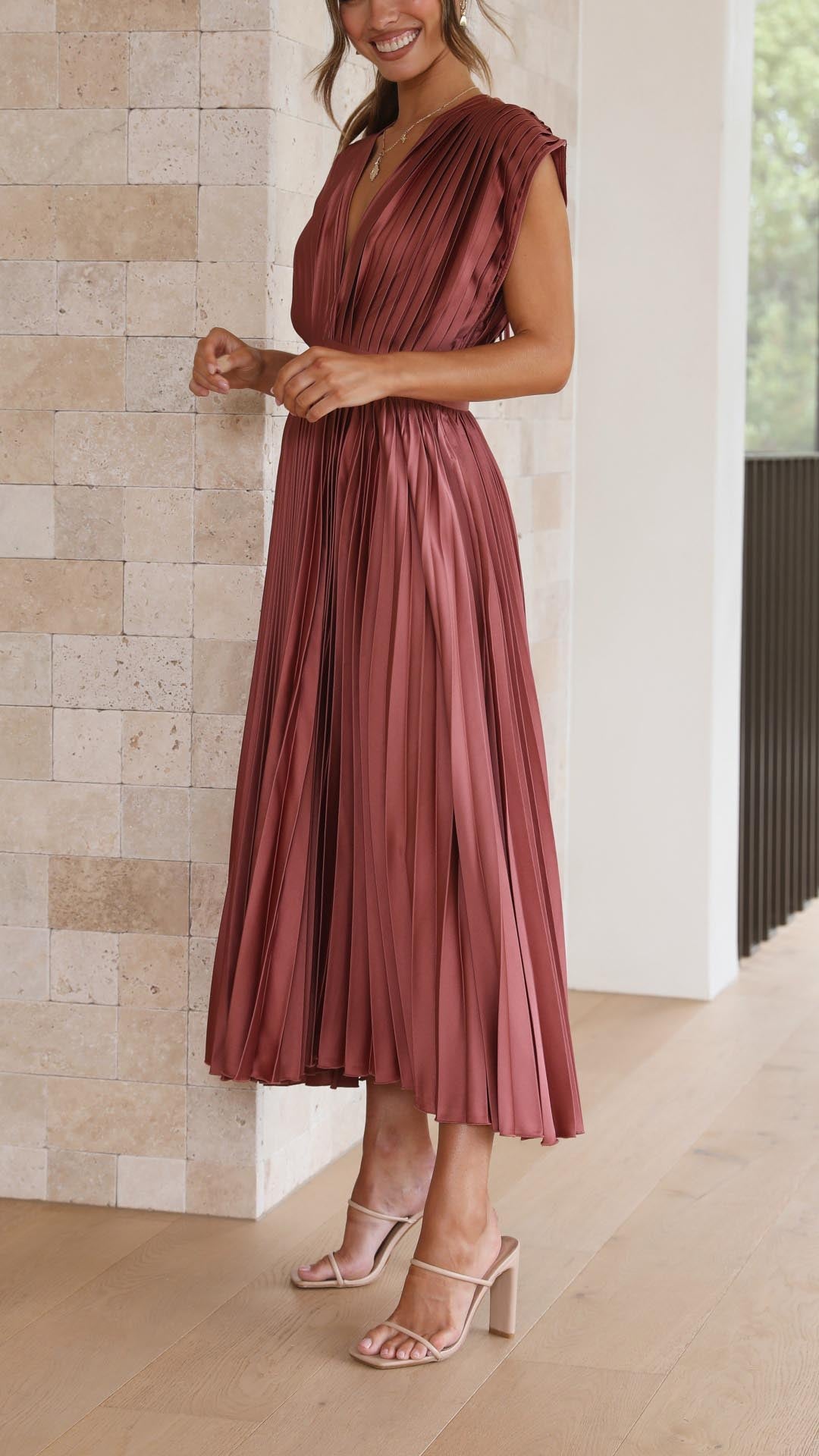 Pleated Maxi Dress with Draped V-Neckline and High-Waisted Design