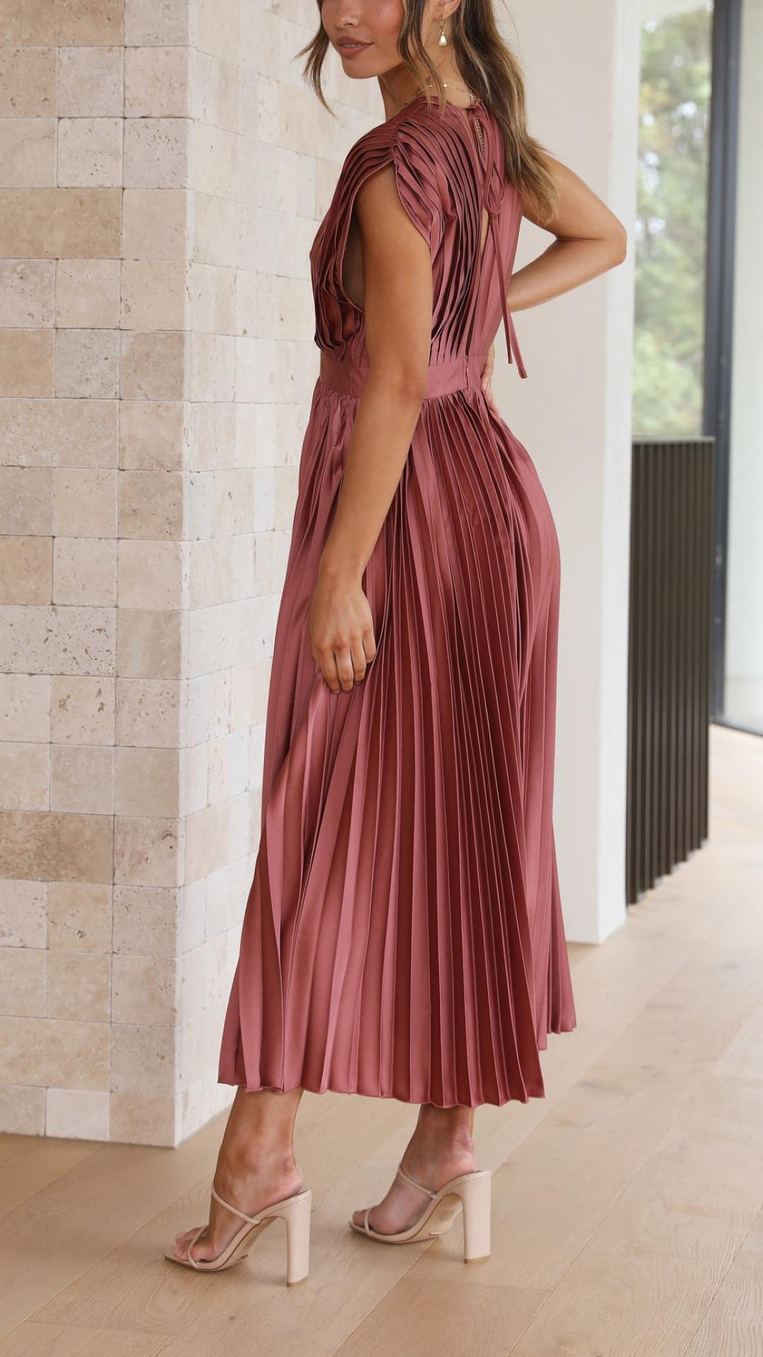 Pleated Maxi Dress with Draped V-Neckline and High-Waisted Design