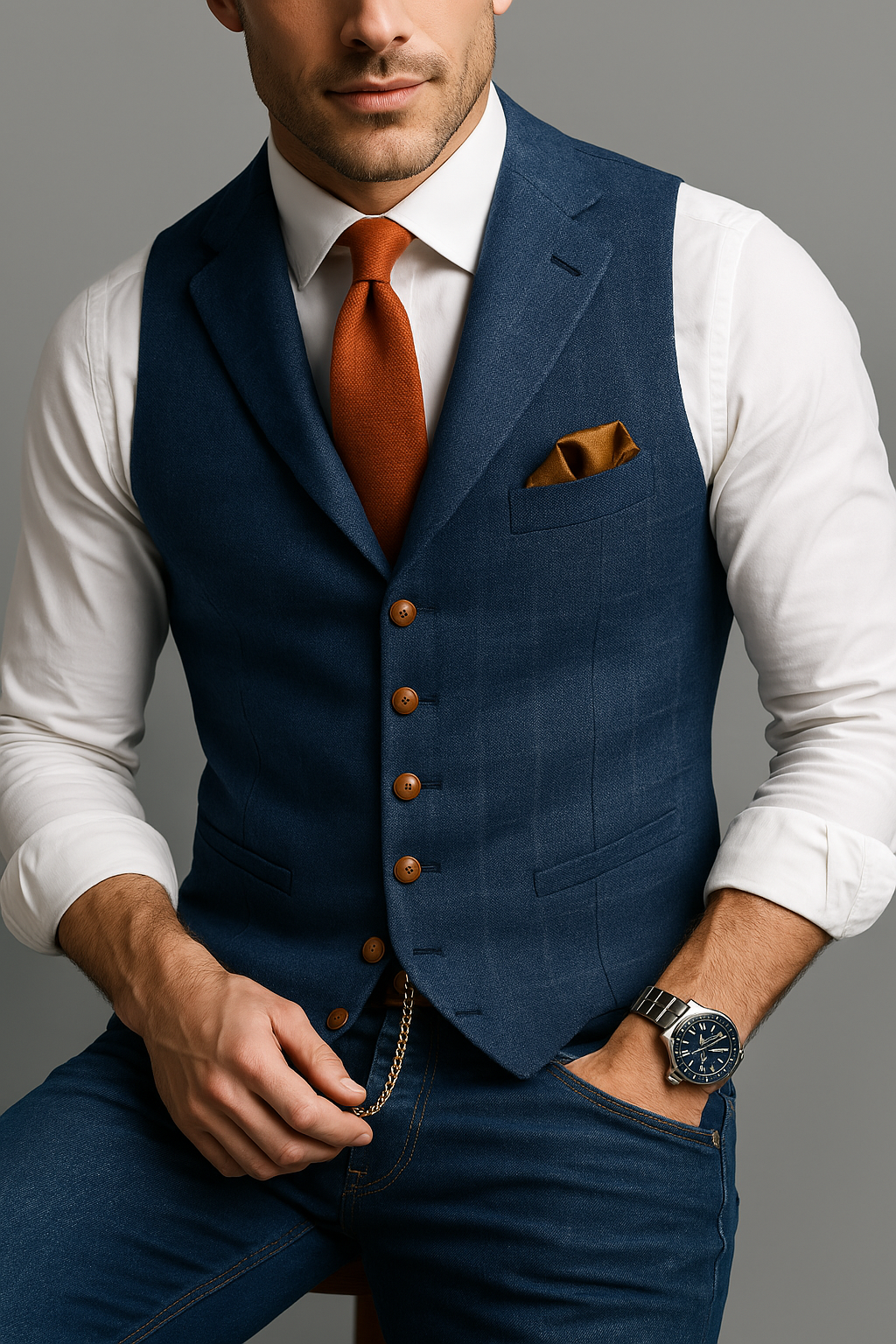 Men's Tweed Waistcoat with Notched Collar and Button Closure, Checked Silhouette