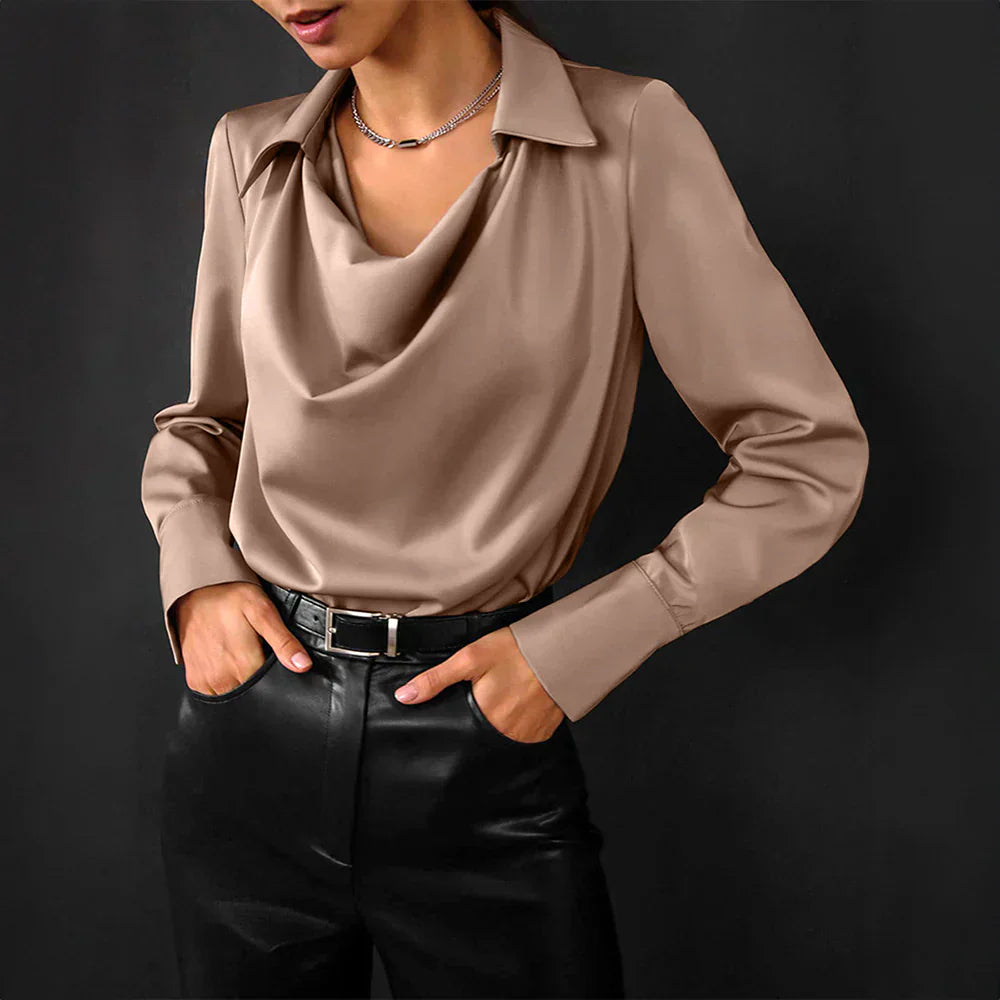Women's Satin Blouse with Draped Neck and Long Sleeves, Tailored Regular Fit