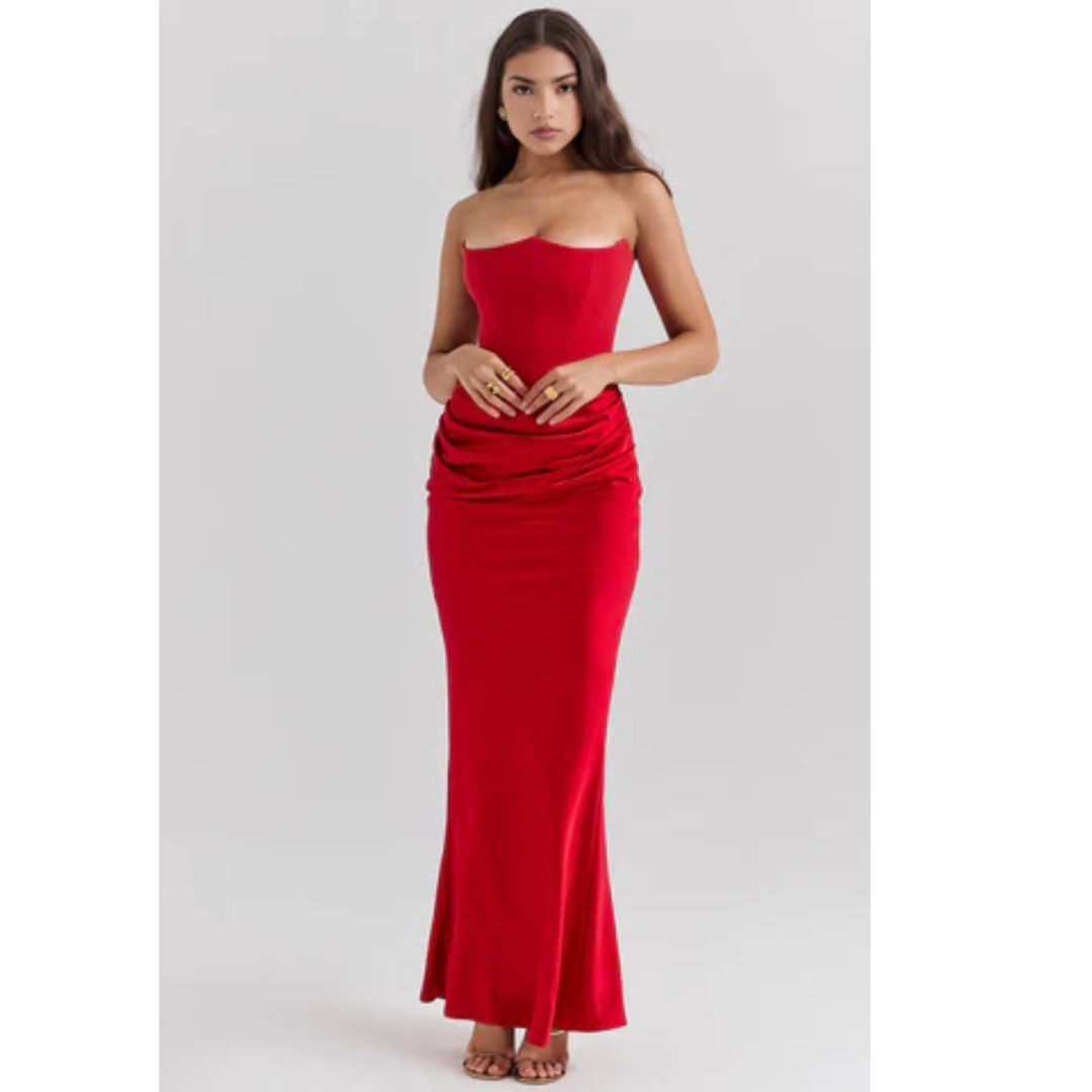 Strapless Corset Maxi Dress with Bodycon Silhouette and Floor-Length Design