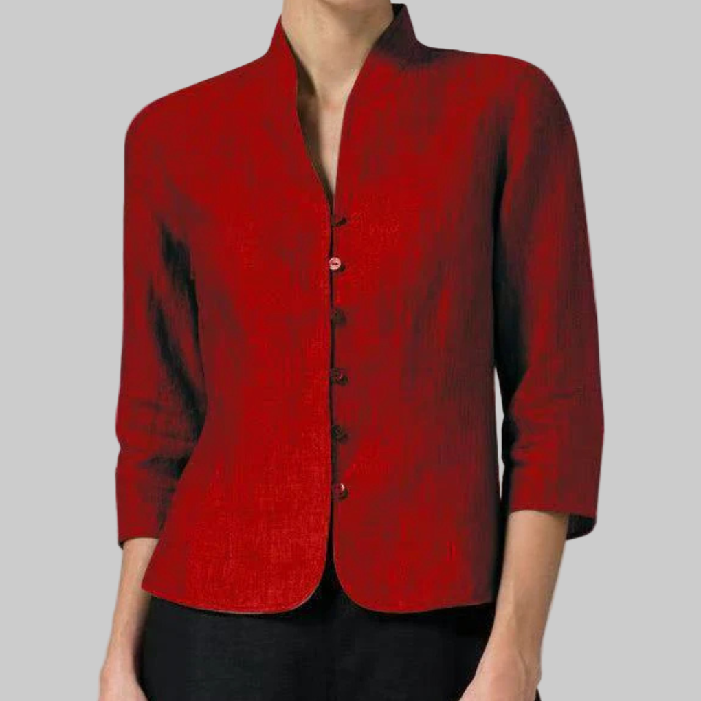 Women's Chambray Blouse with Stand Collar and Three Quarter Sleeves, Button Front
