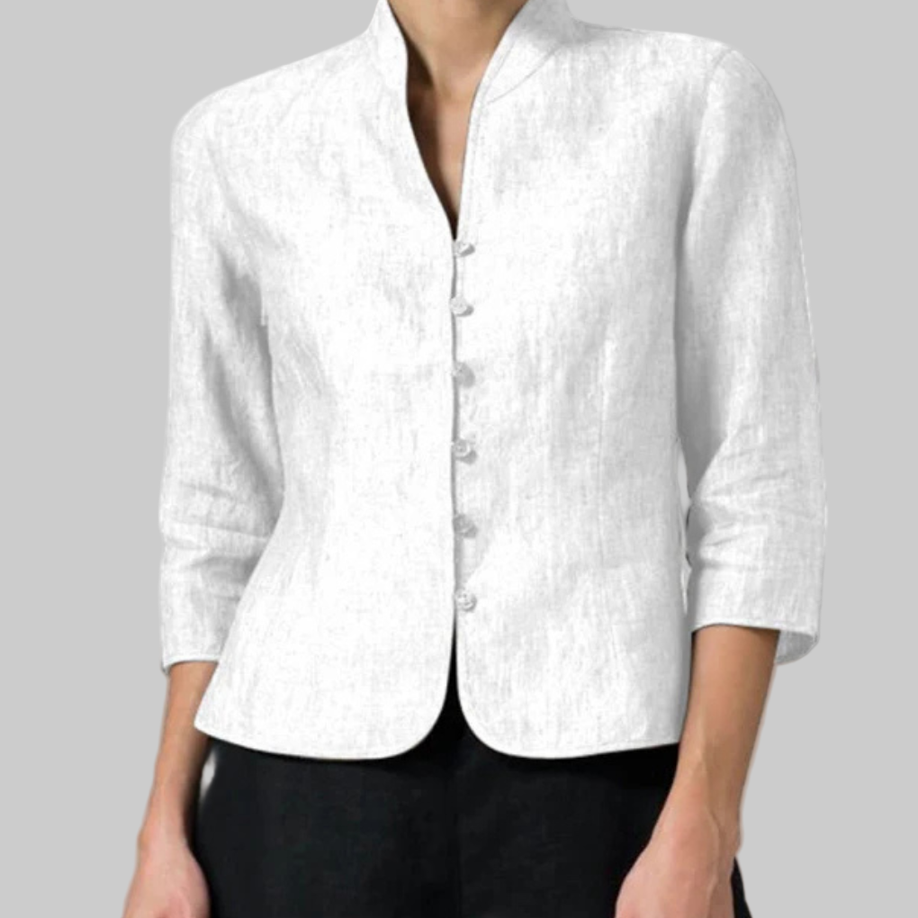 Women's Chambray Blouse with Stand Collar and Three Quarter Sleeves, Button Front