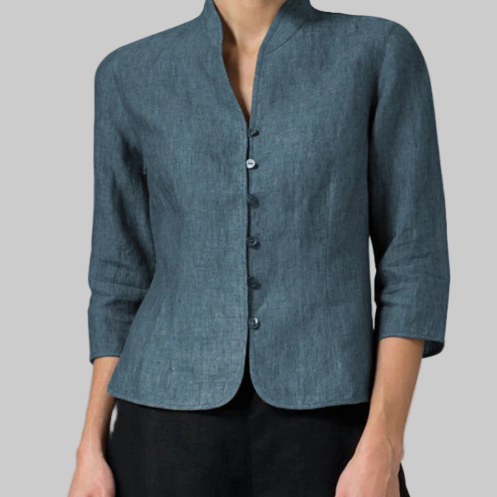 Women's Chambray Blouse with Stand Collar and Three Quarter Sleeves, Button Front