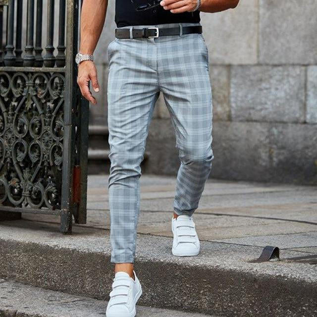 Checked Pants with Polyester Cotton Blend and Hip Pockets, Straight Cut