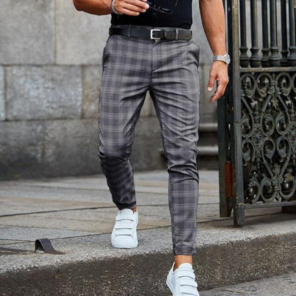 Checked Pants with Polyester Cotton Blend and Hip Pockets, Straight Cut