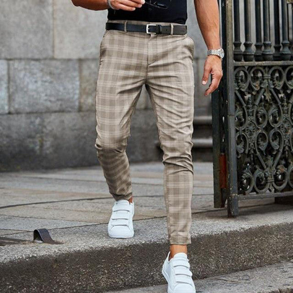 Checked Pants with Polyester Cotton Blend and Hip Pockets, Straight Cut