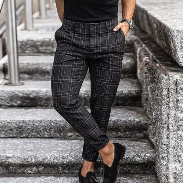 Checked Pants with Polyester Cotton Blend and Hip Pockets, Straight Cut