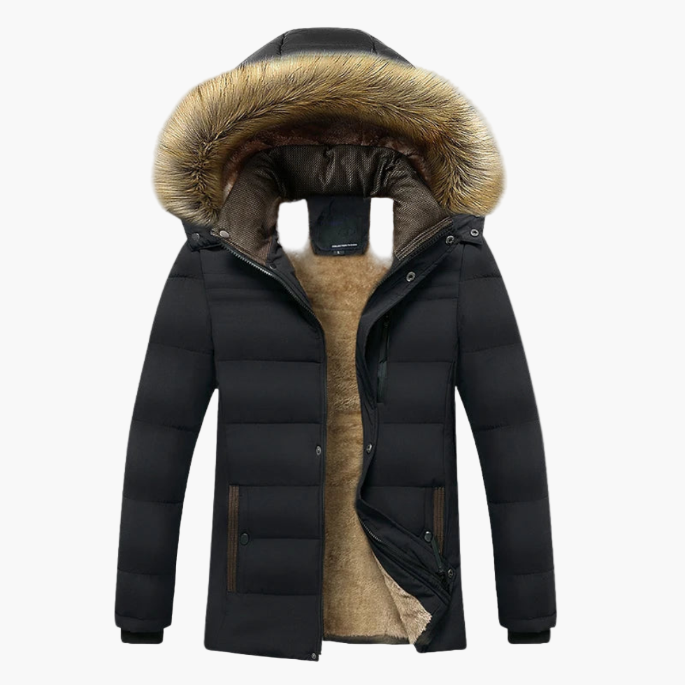 Men's Fur-Lined Winter Jacket with Detachable Hood and Weather-Resistant Shell
