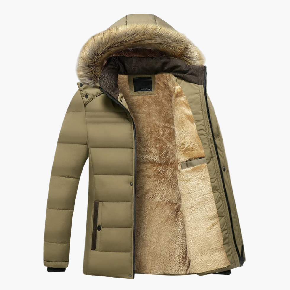 Men's Fur-Lined Winter Jacket with Detachable Hood and Weather-Resistant Shell