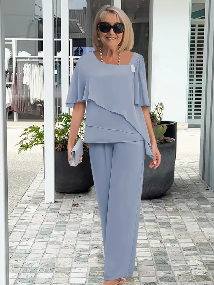 Women's Asymmetric Layered Blouse with High-Waisted Wide-Leg Trousers, Lightweight Fabric