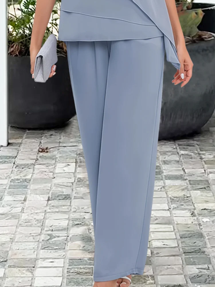 Women's Asymmetric Layered Blouse with High-Waisted Wide-Leg Trousers, Lightweight Fabric