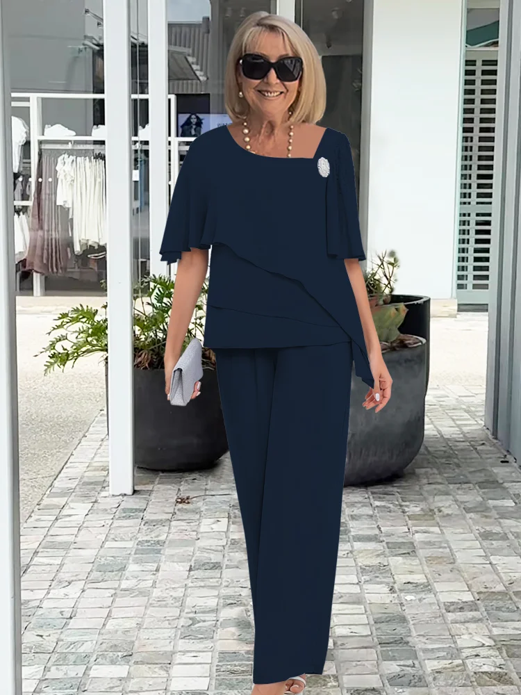 Women's Asymmetric Layered Blouse with High-Waisted Wide-Leg Trousers, Lightweight Fabric