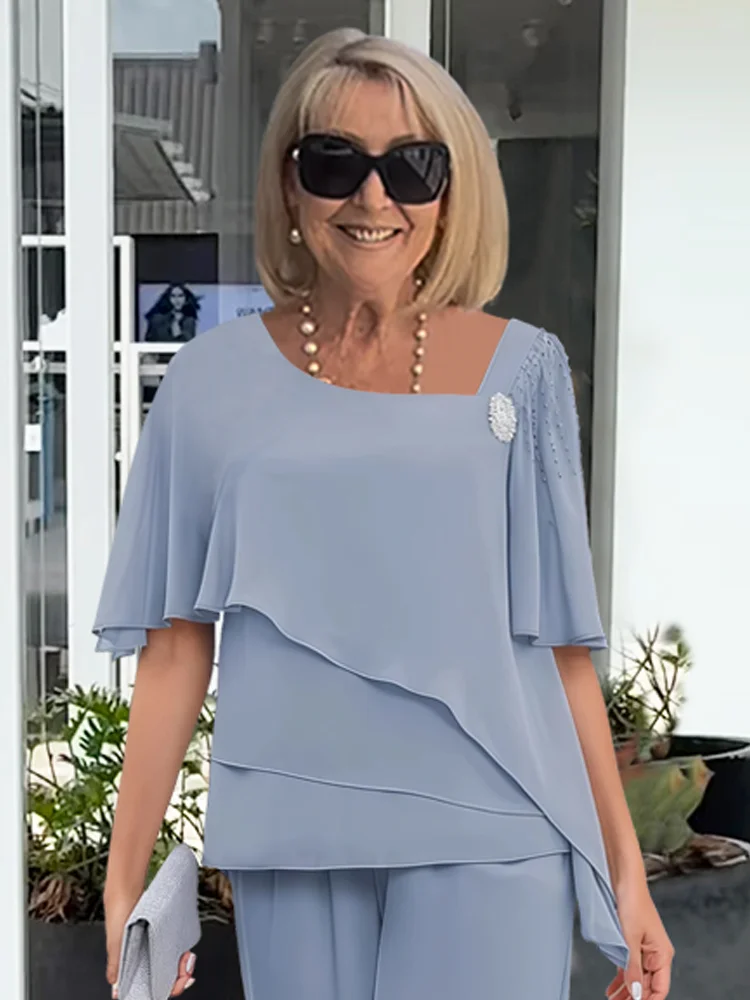 Women's Asymmetric Layered Blouse with High-Waisted Wide-Leg Trousers, Lightweight Fabric