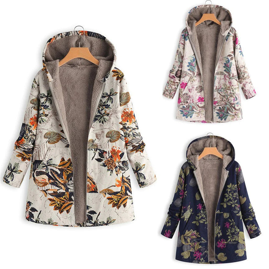 Women's Winter Coat with Adjustable Hood and All-Over Floral Print, Insulated Fill