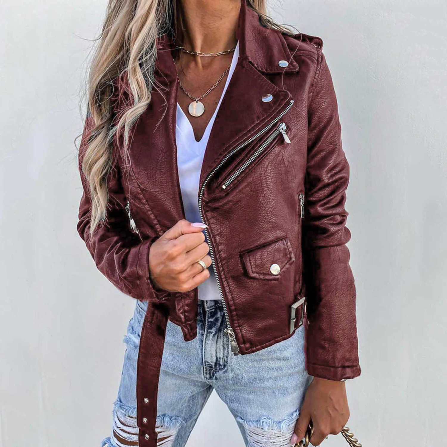 Women's Faux Leather Biker Jacket with Asymmetric Zipper and Zip Pockets, Tailored Fit