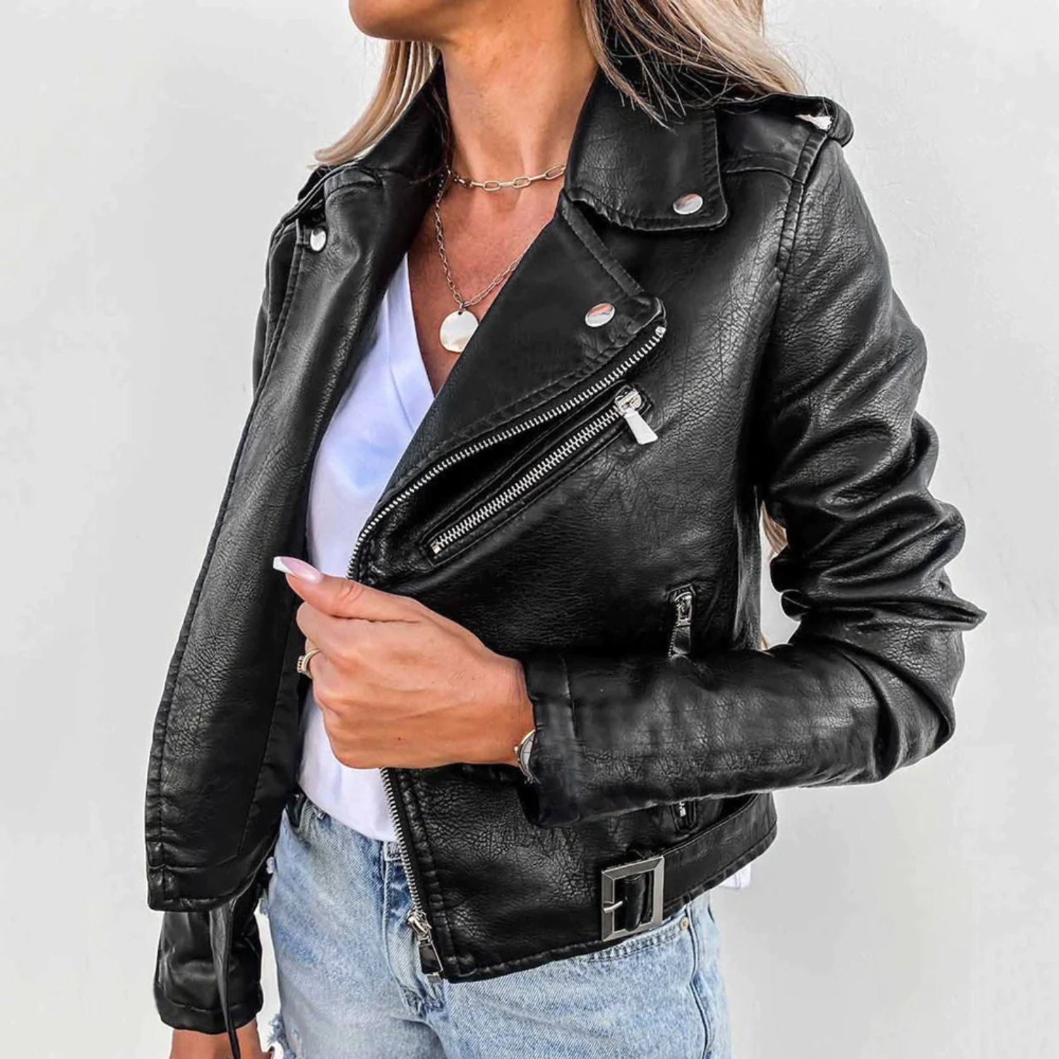 Women's Biker Jacket with Zip Front and Buckle Accents, Tailored Fit