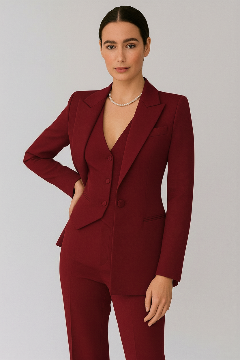 Women's Suit Set with Slim-Fit Trousers and Structured Blazer, Fitted Vest