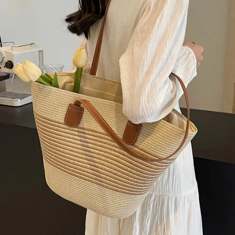 Two-Tone Woven Tote Bag with Extended Shoulder Straps and Spacious Interior