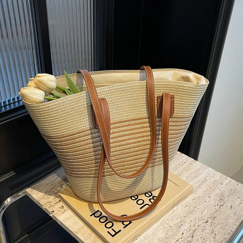 Two-Tone Woven Tote Bag with Extended Shoulder Straps and Spacious Interior