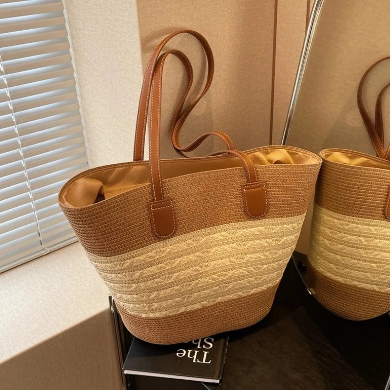 Two-Tone Woven Tote Bag with Extended Shoulder Straps and Spacious Interior