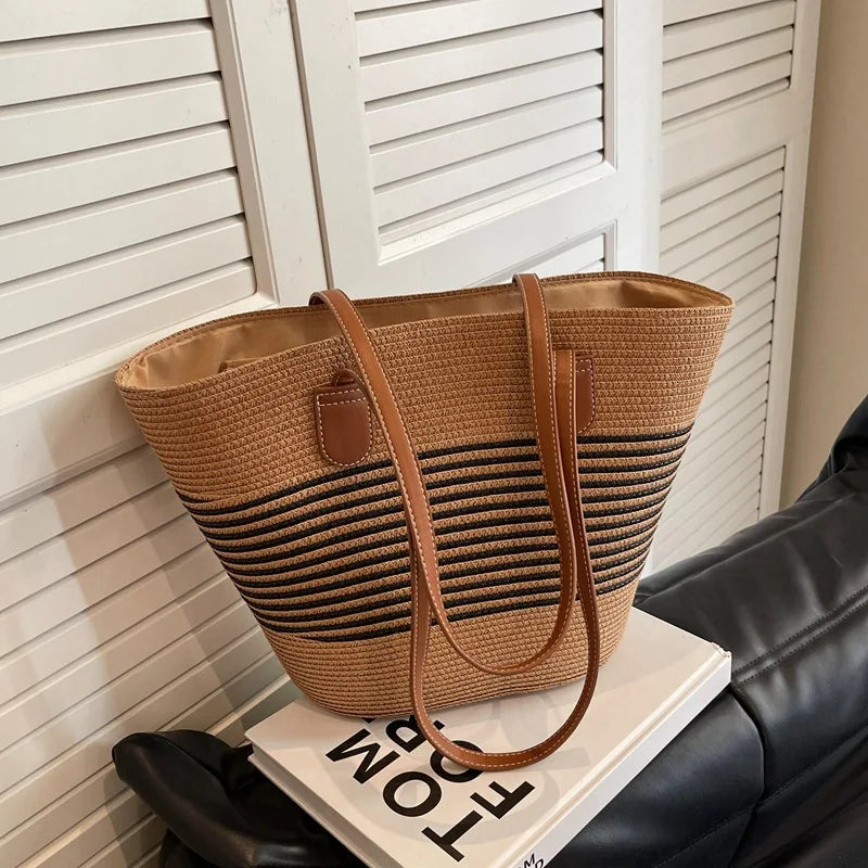 Two-Tone Woven Tote Bag with Extended Shoulder Straps and Spacious Interior