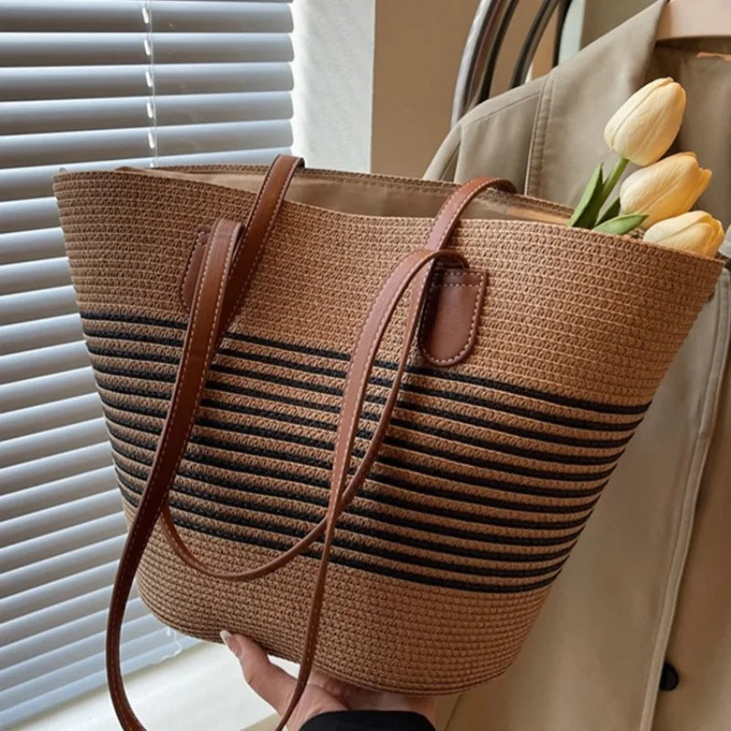 Two-Tone Woven Tote Bag with Extended Shoulder Straps and Spacious Interior