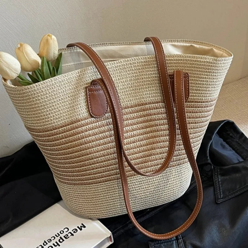 Two-Tone Woven Tote Bag with Extended Shoulder Straps and Spacious Interior