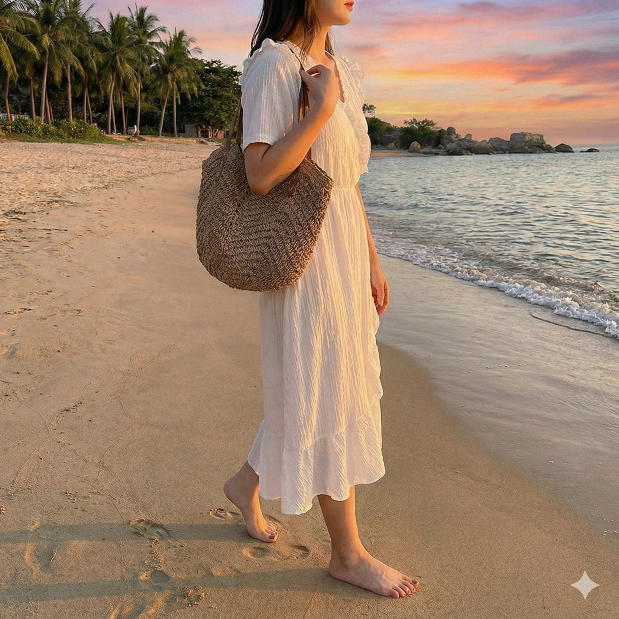 Woven Beach Tote with Stitched Shoulder Straps and Soft Unstructured Shape, Roomy Interior