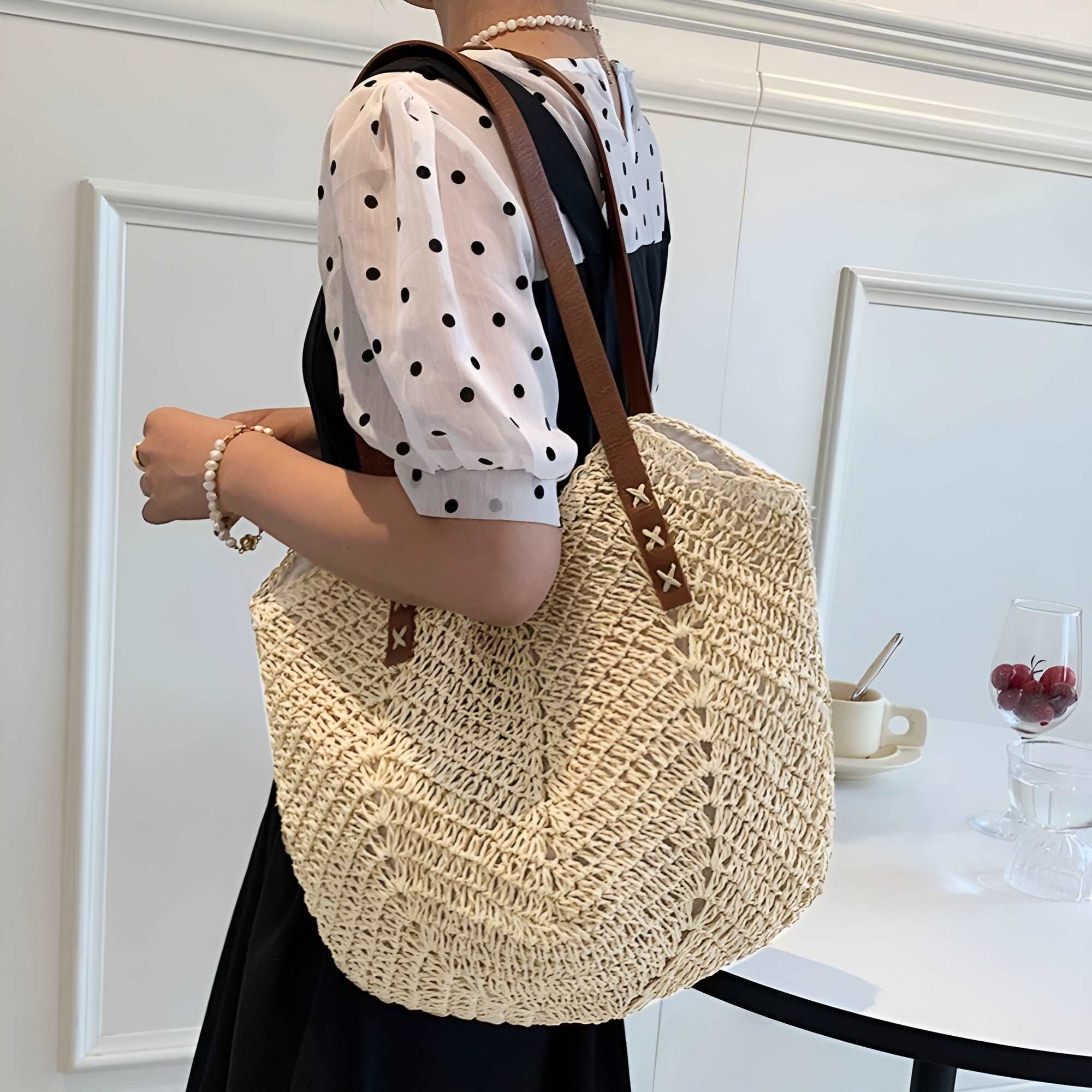 Woven Beach Tote with Stitched Shoulder Straps and Soft Unstructured Shape, Roomy Interior