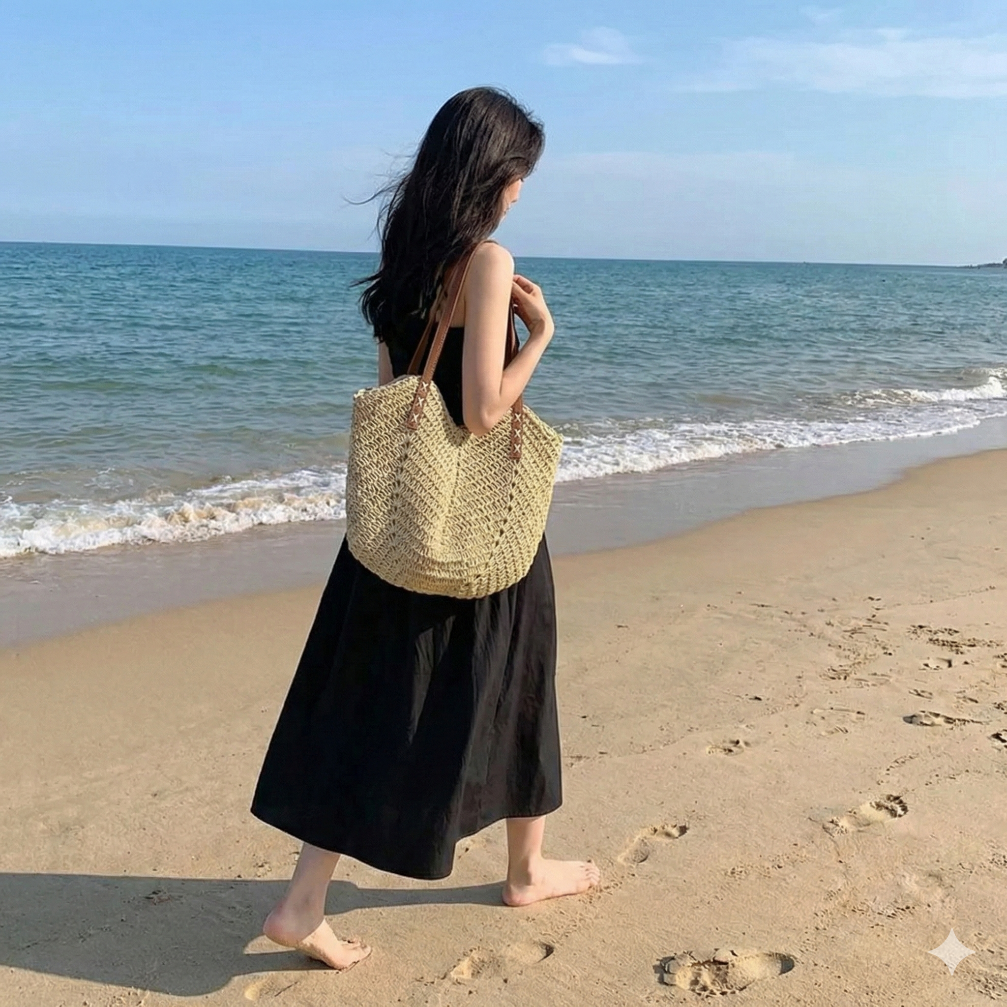 Woven Beach Tote with Stitched Shoulder Straps and Soft Unstructured Shape, Roomy Interior
