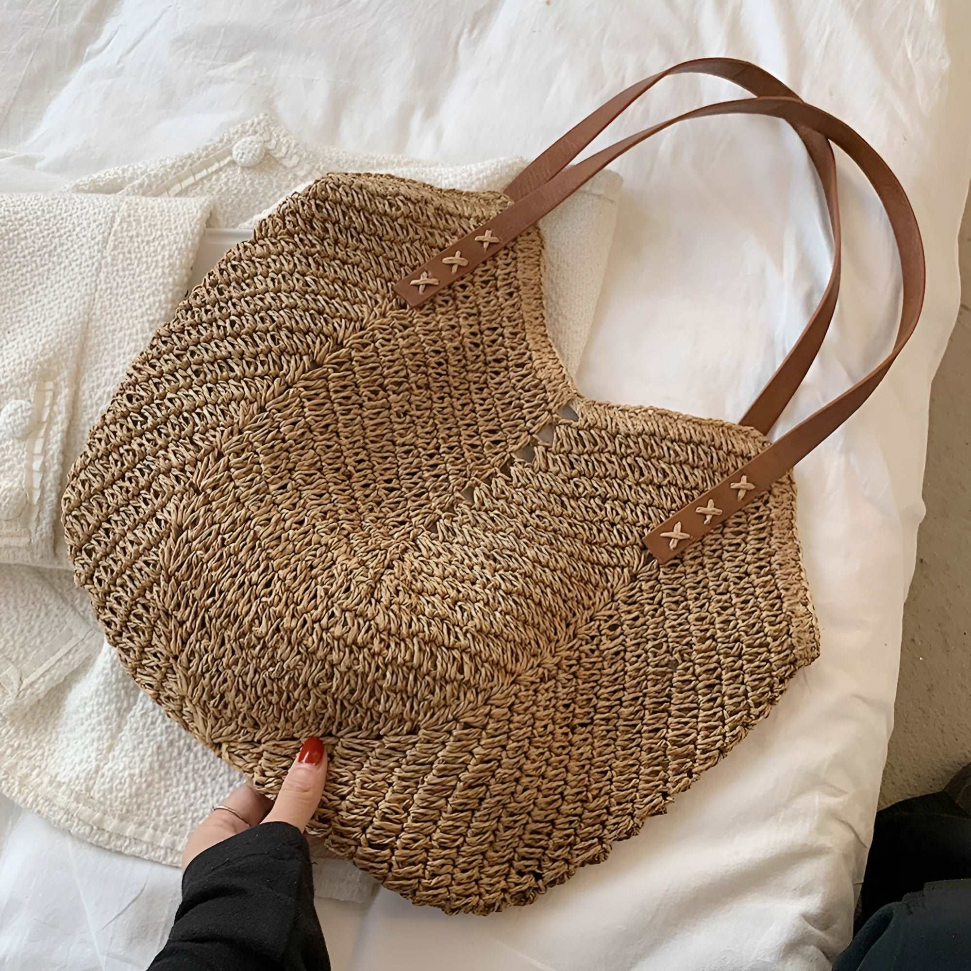 Woven Beach Tote with Stitched Shoulder Straps and Soft Unstructured Shape, Roomy Interior