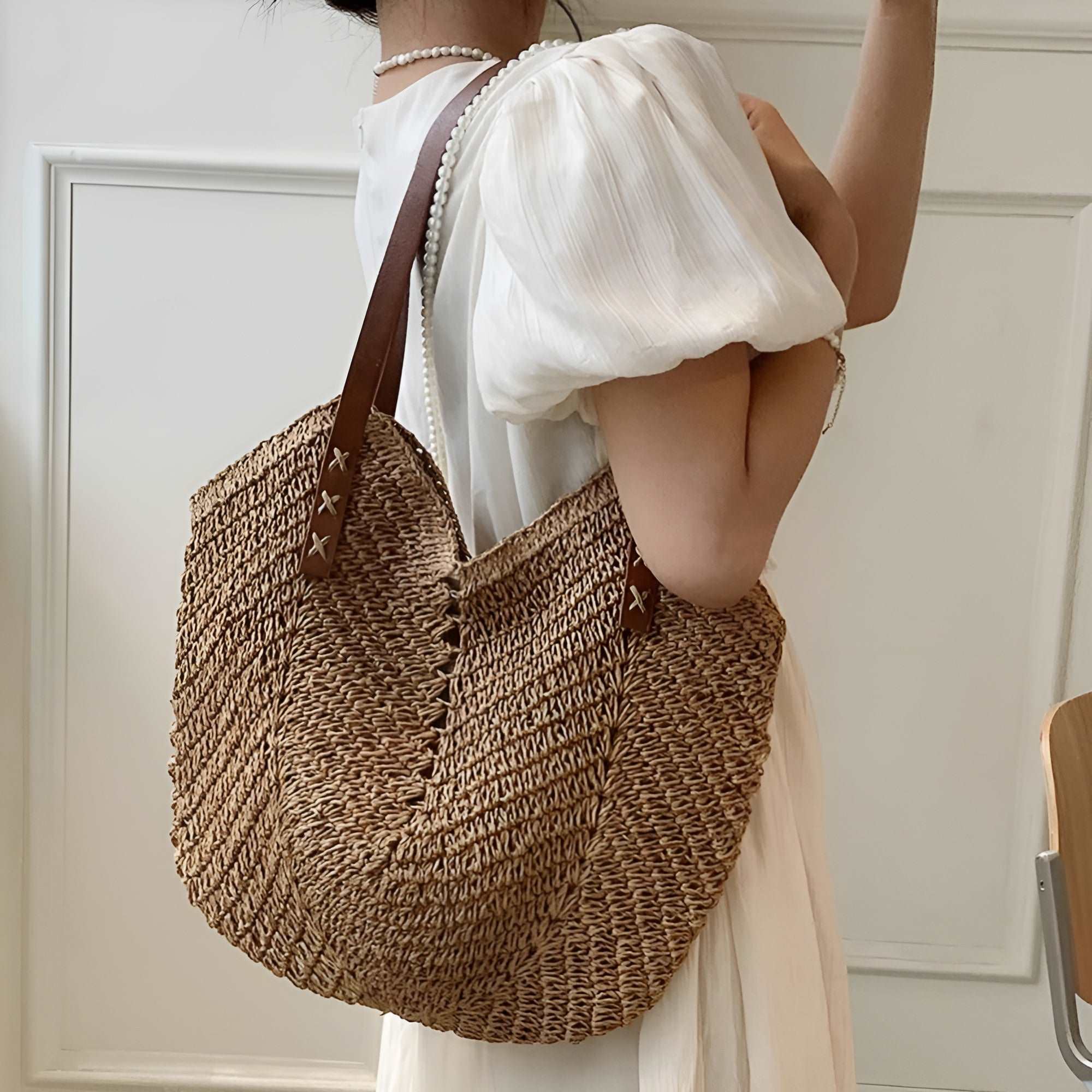 Woven Beach Tote with Stitched Shoulder Straps and Soft Unstructured Shape, Roomy Interior