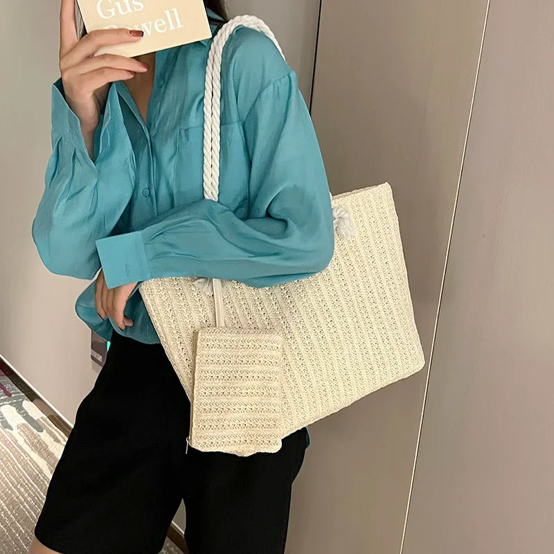 Beach Tote with Rope Handles and Matching Pouch, Woven Straw Texture