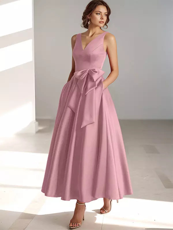 Women's A-Line Midi Dress with V-Neckline and Structured Bow Waist