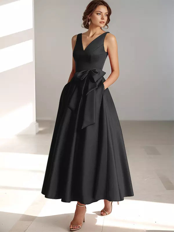 Women's A-Line Midi Dress with V-Neckline and Structured Bow Waist
