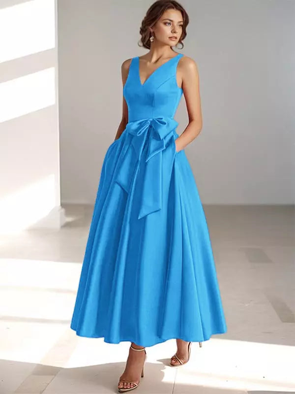Women's A-Line Midi Dress with V-Neckline and Structured Bow Waist